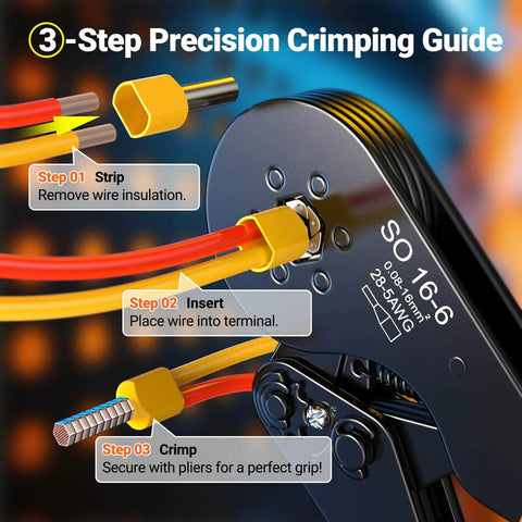 Close-up of All In One Ferrule Crimping Tool Kit With Self Adjusting Ratchet showing 3-step guide for AWG 28 to 5 ferrules.