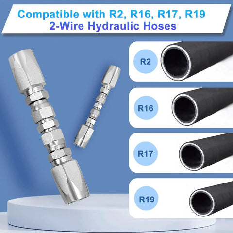 All In One Reusable Hydraulic Hose Repair Kit Set With Four Pieces For Inner Diameters One Quarter Inch Three Eighths Inch And One Half Inch, Compatible With SAE 100R2 R16 R17 R19 Two-Wire Hydraulic Hoses, Quick Field Repairs, Workhorse Reusable Fittings displayed with hose compatibility labels.