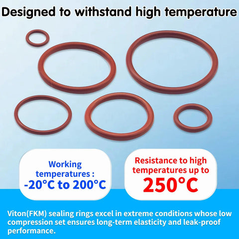 Viton O-ring set, red FKM rings in mixed sizes (5 rings) on blue background