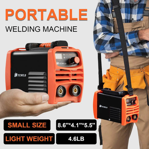 Portable welding machine shown handheld and with shoulder strap for easy carrying, small size and lightweight design highlighted.