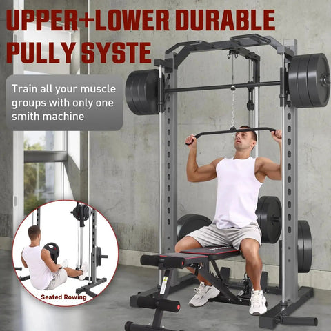 All In One Adjustable Smith Machine With Lat Pulldown System Multi Function Power Cage For Home Gym Cable Crossover Squat Rack Training Equipment With Attachments in use