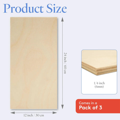 Baltic Birch Plywood One Quarter Inch Thick Craft Wood Sheets For Laser CNC Cutting And Wood Burning Pro Grade Large 12 By 24 BB Grade Baltic Birch Heavy Duty And Glue Ready With Clean Edges 3 Sheet Pack showing size and thickness.