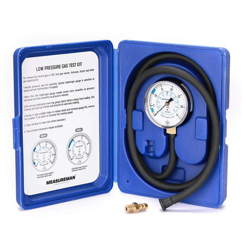 Open Gas Manifold Pressure Test Kit 0-35 WC For Natural LP Gas 40 Inch Hose 1/4 NPT showing gauge and hose in blue case