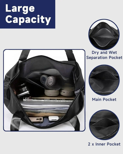 Interior view of versatile rolling duffle bag with detachable wheels showing large capacity with dry and wet pockets.