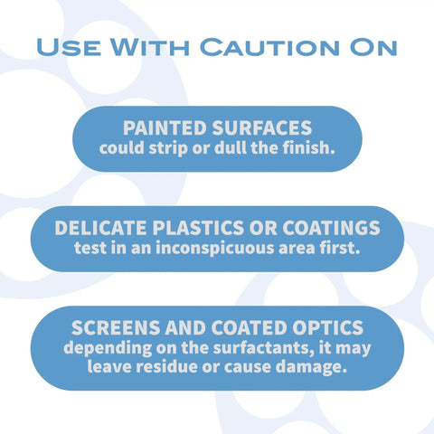 Warnings for Optics Cleaning Solution With Microfiber Cloth For Smudge Free Lenses 2 Oz on delicate surfaces.