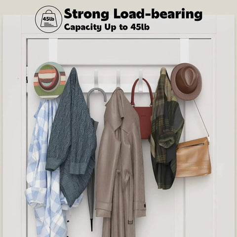 Over The Door Hooks 12 Hooks Heavy Duty Metal Hanger For Towels And Coats holding clothing and accessories on a white door.