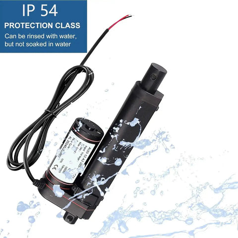 Beefy 12V Linear Actuator With 4 Inch Stroke, IP54 waterproof, showing water resistance features.