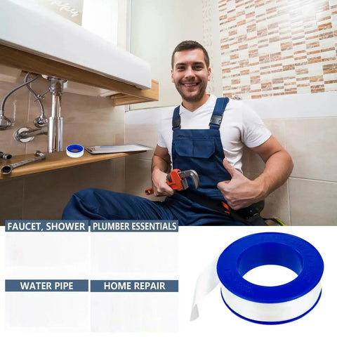 Heavy Duty Teflon Tape For Plumbing Half Inch Wide And 520 Inches Long High Density PTFE Thread Sealant shown with plumber