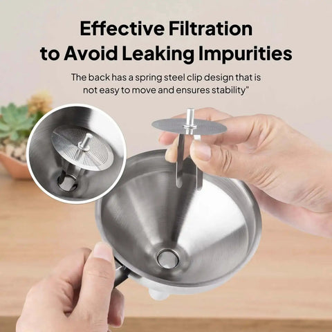 Hands holding a Stainless Steel Resin Funnel with Filter and Brush for 3D Printers Spill Free Filtration, showing its metal texture.