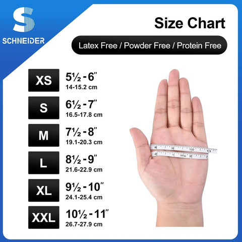Hand measuring with a tape measure next to glove size chart for Black Nitrile Exam Gloves Medium 4 Mil Powder Free Latex Free.
