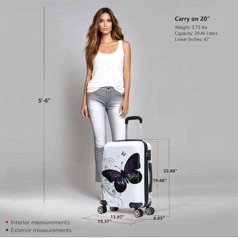 Woman standing next to Butterfly Print Spinner Luggage With Lightweight Hardside ABS PC Exterior And Scratch Resistant Finish, 20 Inch