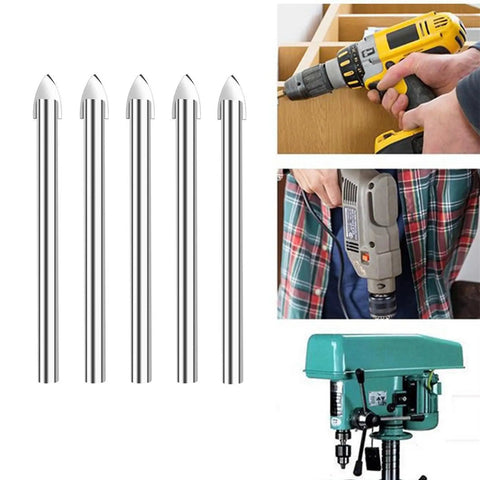 All-In-One Multi Material Glass Drill Bits Set With 6mm Carbide Tip And 1/4 Inch Round Shank, drill usage examples shown