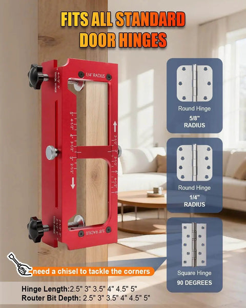 DIY Friendly Door Hinge Jig With Lock And Latch Installation Kit shown with hinge radius options and sizes