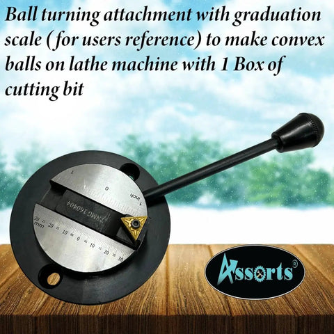 Ball Turning Attachment With Graduation Scale For Lathe Lets You Create Convex Balls Up To 42 Mm On Your Myford Lathe Or Other Machines Directly Mounted On Cross Slide With Packing For Center Height Adjustment Includes One Cutting Bit Box, shown with cutting bit and scale detail.