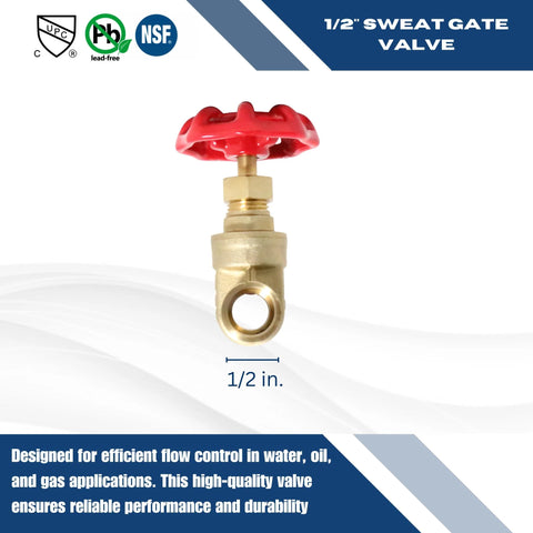 1/2 inch sweat gate valve with red handwheel, brass body for water, oil, and gas