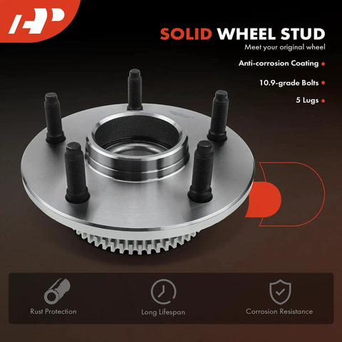 Front Wheel Bearing And Hub Assembly With ABS Ring For Dodge Ram 1500 2000 2001 5 Lug RWD Only Premium Grade Wheel Hub Replacement Kit For Smooth Handling And Beefed Up Axle Support, featuring anti-corrosion coating, 10.9-grade bolts, and 5 lugs.