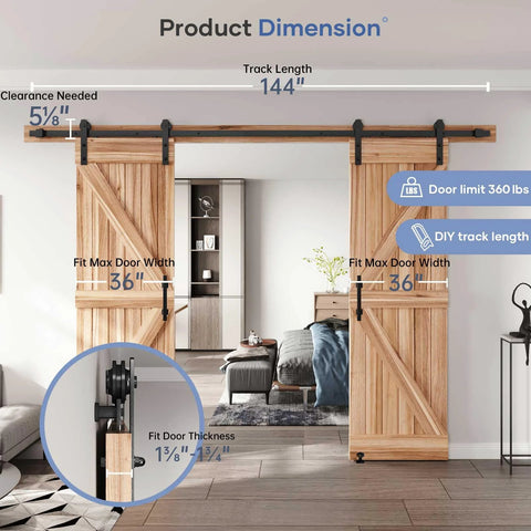 12 Ft Double Sliding Barn Door Track Kit With Ball Bearing Rollers installed, showing black powder coated steel track and wood doors.