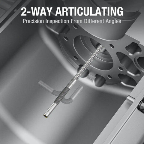 Two Way Articulating Borescope With Light For Auto Maintenance And Diagnostics shown inspecting engine parts