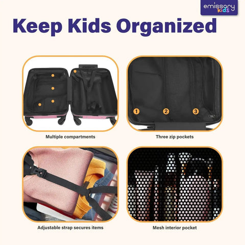 Interior view of Unicorn Princess Themed Kids Luggage Set showing compartments, zip pockets, and adjustable strap with mesh interior
