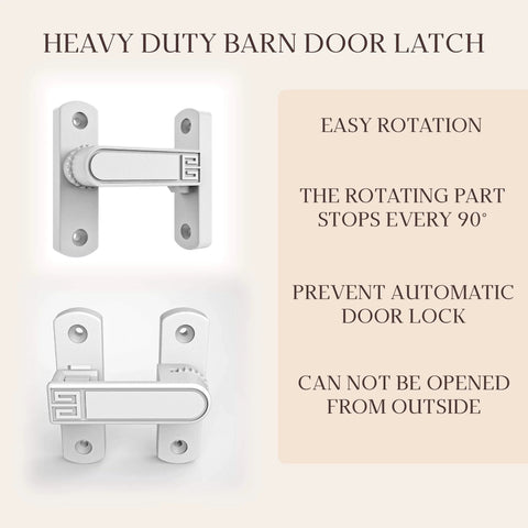 Adjustable 90 To 180 Degree Barn Door Latch Slide Lock With Knob for Privacy and Security, white zinc alloy shown in two angles.