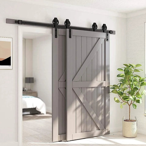 Hard Wearing Sliding Barn Door Track Hardware Kit For Tight Spaces Black Powder Coated 6mm Carbon Steel With Ultra Quiet Rollers