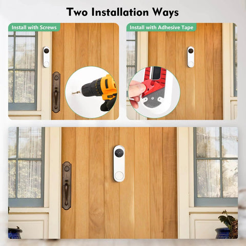 No Drill Anti Theft Doorbell Mount For Google Nest Doorbell Battery Easy Wall Mount for apartments shown installed on door with adhesive and screws options.