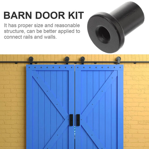 Five Pack Sliding Barn Door Spacers Track Wall Mount Replacement Kit Black Connectors for garage barn door hardware shown close-up and installed on blue doors.