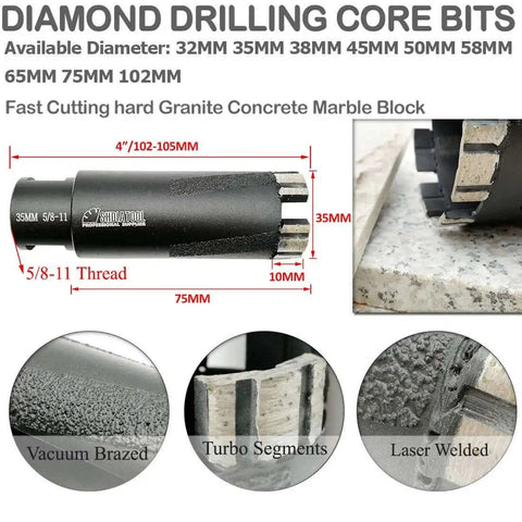 Diamond Core Drill Bit Set For Granite Marble And Concrete Pro Grade 35mm with 5/8 Inch 11 Thread, vacuum brazed and turbo segments.