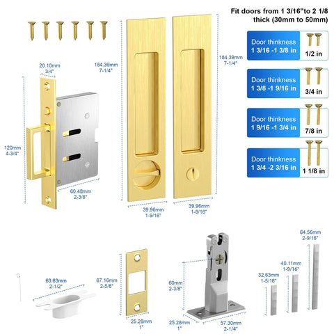 Components of Privacy Pocket Door Lock With Edge Pull Handle No Key Sliding Doors For Bathroom And Bedroom, detailed measurements shown