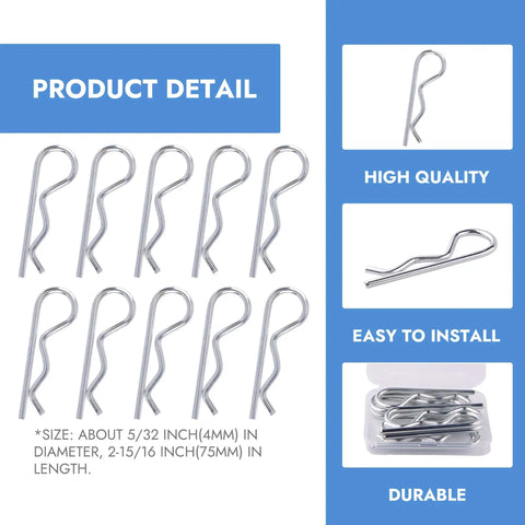 10 Pack R Clips 5 32nd Inch Zinc Plated Spring Steel Hair Pin Clips for farm equipment, trailers, and RC toys display and packaging.