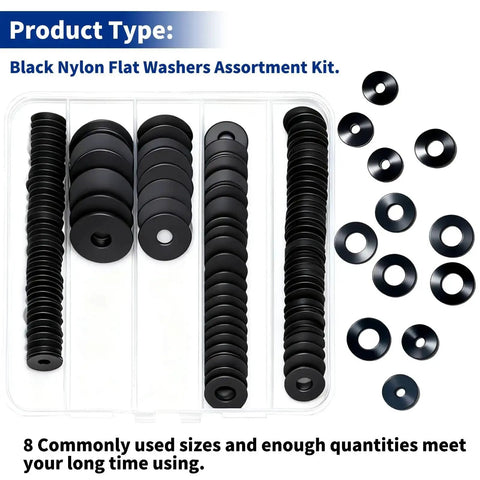 Black nylon flat washers assortment kit with various sizes in a transparent container.