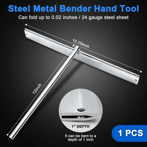 15.25 Inch Sheet Metal Bender Hand Tool for Roofing and HVAC Projects, bends up to 24 gauge steel, 1 inch depth, silver