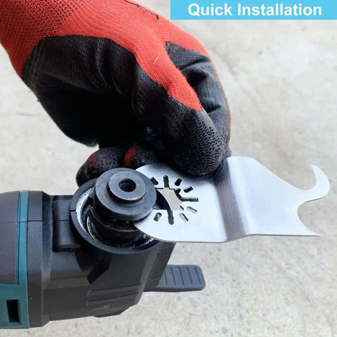 Oscillating Multitool Hook Knife Blades Set For Cutting Roofing Shingles PVC Carpet Cardboard And More Heavy Duty Steel Blades For Quick Cuts And Tough Jobs By HEMUNC Fits Dewalt Milwaukee Bosch Dremel Ryobi Ridgid Rockwell in hand for quick installation