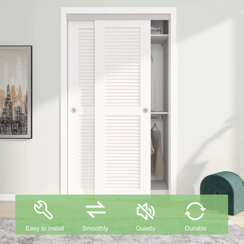 4 Ft Aluminum Bypass Barn Door Hardware Kit With Double Closing Sliding Closet System Heavy Duty Finger Pull Included Ultra Smooth Quiet Operation Fits Door Thickness 1 3 8 Inch Or 1 3 4 Inch Silver Finish installed on a closet with white louvered doors.