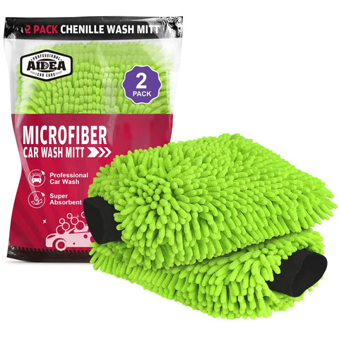 Scratch Free Microfiber Car Wash Mitt 2 Pack For Lint Free Shine And Scratch Resistant Cleaning, Extra Plush Chenille, Green, Double Sided Microfiber Mitts, 7.12 by 10.14 Inches Gentle On Paint AIDEA in packaging and laid out.