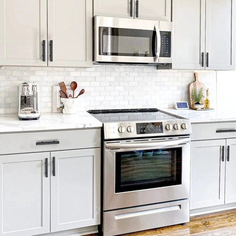 Modern kitchen with Thirty Pack Matte Black Cabinet Pulls Three Inch Cabinet Handles With Five Inch Overall Length And Drill Mounting Template