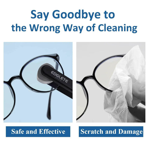 Comparison of using Portable Glasses Cleaning Kit Microfiber Cloth Spray and tissue for cleaning lenses, highlighting effectiveness.