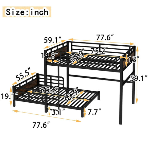 Heavy Duty Full Over Full Bunk Bed With Headboard And Full Length Guardrails Convertible Metal Bunk Bed That Turns Into Loft Bed And Platform Bed Separable Design In Black For Space Saving Bedrooms with dimensions