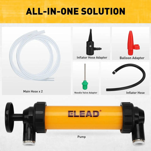 Gas Siphon Pump Multi Use Fuel Transfer Tool With Inflator Hose Needle Valve kit with hoses and adapters displayed