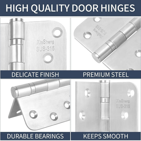 Door hinge close-up: XinSheng 316 stainless steel, 4x4 inch plate  
Door hinge side view in 316 stainless steel with mounting holes  
Door hinge close-up of barrel and pin; 316 stainless steel, durable bearings  
Installed door hinge on plate; 316 stainless steel keeps smooth operation