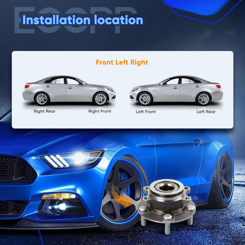 Front Wheel Hub Bearing Assembly With ABS 5 Lug For Nissan Rogue 2008 To 2013, shown with installation diagram and blue car