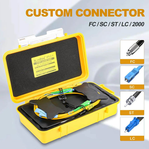 OTDR Extension Cable 500m Kit With SC APC And LC APC Connectors in yellow case with fiber optics, custom connector options