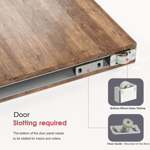 Close-up of the Ceakian 32 Inch Concealed Sliding Barn Door Hardware Kit with Soft Close showing bottom wheel and floor guide.