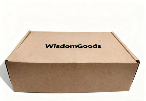 Cardboard box with 'WisdomGoods' logo, packaging for 12 Pack team 1.8 Inch Nylon White Garage Door Rollers With 4.7 Inch Stem Quiet Smooth Replacement Wheels With Double Seal For Reliable Garage Door Operation in cardboard box with 'WisdomGoods' logo