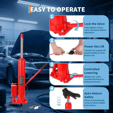 8 Ton Air Hydraulic Long Ram Jack For Engine Hoists And Cranes Clevis Base with step-by-step operation guide in garage setting