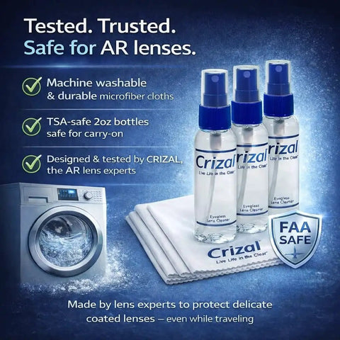 Crizal AR Lens Cleaning Kit With 3 Cloths And 3 Solutions, bottles and microfiber cloths, safe for AR lenses, travel-friendly size