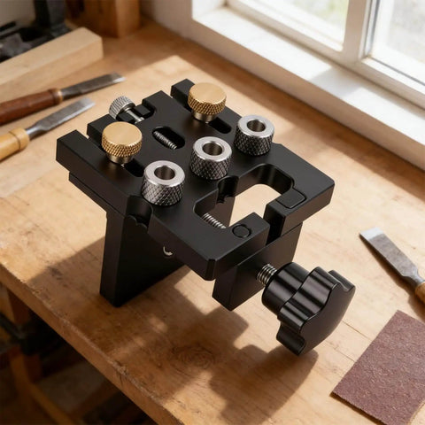 Self Centering Doweling Jig 3 In 1 Precision Woodworking Tool With 6mm 8mm 10mm Drill Bits And 12mm Eccentric Wheel on workbench