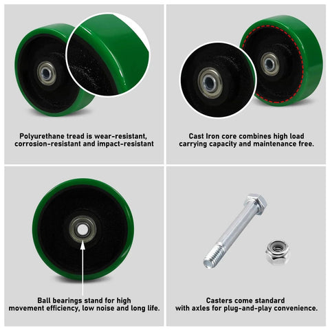 4 Inch Caster Set Of 4 Replacement Wheels With Polyurethane Tread On Cast Iron Cores Ball Bearings 3/8 Inch Bore