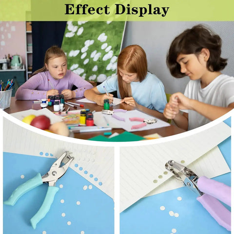 Children crafting with 12 Piece Mini Hole Punch Set, 1/4 Inch Metal Punch, Handy Handheld Rubber Grip Punch For Tags, Craft, Paper, Greeting Cards, Scrapbooks, Notebooks, Colorful Pink Green Lavender Blue