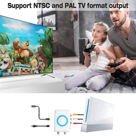 Family using the NTSC RF Modulator To RF Coaxial Converter Kit With AV Output for gaming on HDTV, cables and connectors shown.